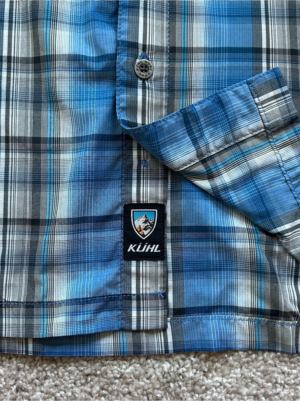 KUHL Eluxur Performance Shirt Mens Medium Blue Plaid Snap Button Hiking Gorpcore - Picture 7 of 9